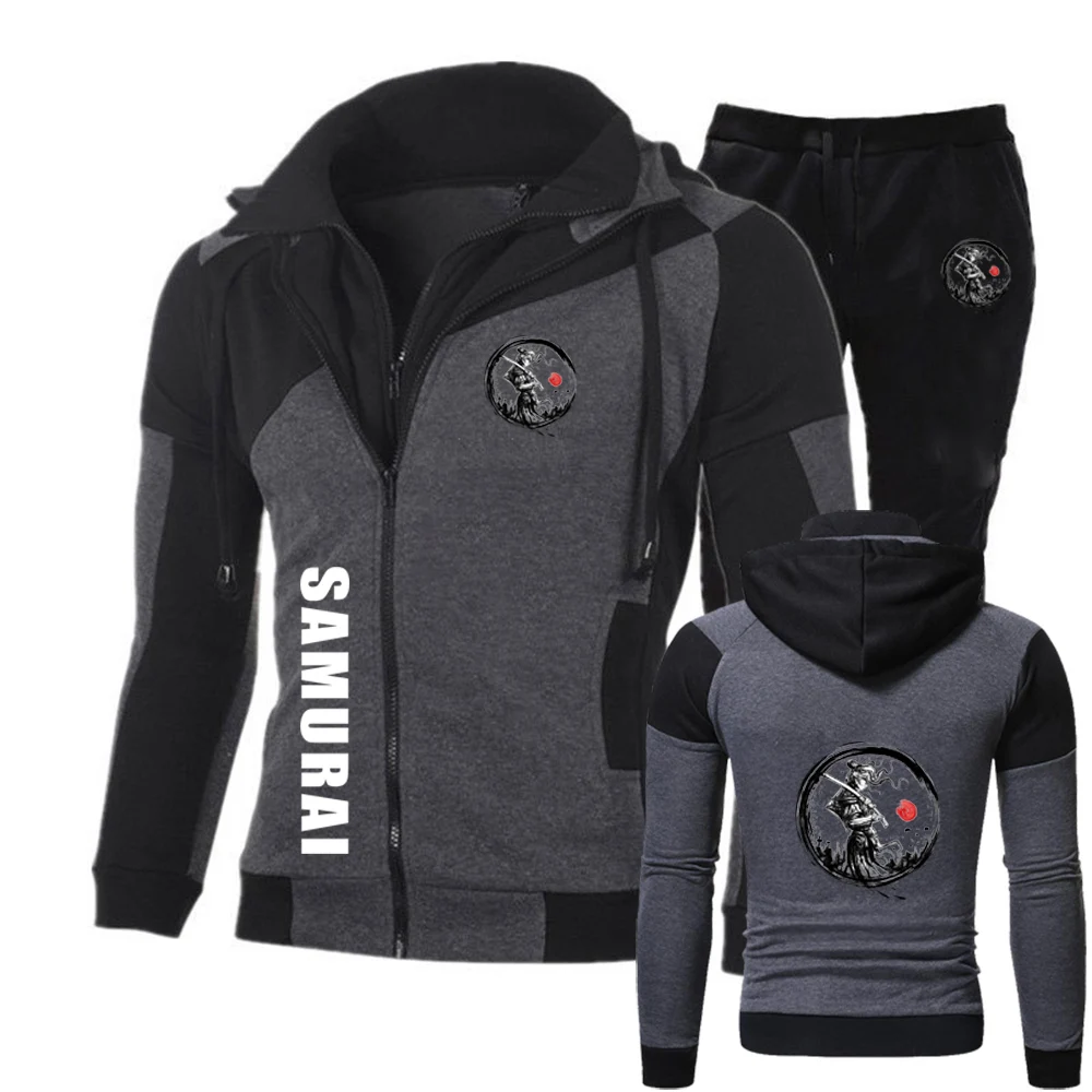 

Japanese Samurai Graphic 2025 Men's Spring Autumn New Color Matching Hoodie Casual Tops + Pants Diagonal Zipper Suit