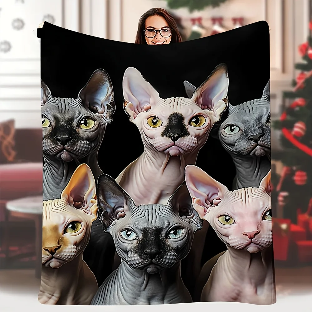 Sphynx Kitten Group Flannel Throw Blanket Hairless Cat Portrait Pattern Soft Warm Blanket Couch Bed Home Decor Gift Ideas Now