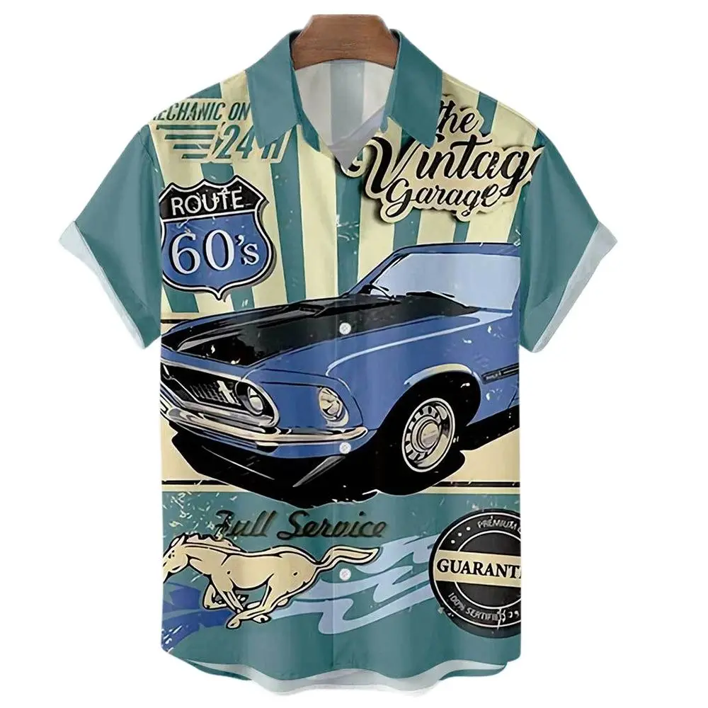 Hawaiian Style Vintage Car Print Summer Men\'s Shirts Casual Oversized Short Sleeve Fashion Single-Breasted Blouses Lapel Shirts