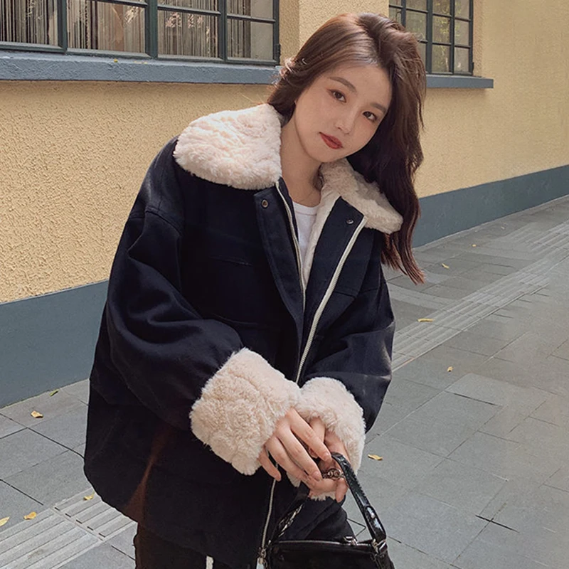 خمر فو الفراء طوق المرقعة القطن وسادة مبطنة المرأة اليابانية جيب كبير الشتاء ملابس خارجية فضفاضة تنوعا امرأة سترات