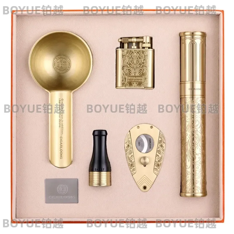 Windproof Straight Flame Lighter and Sharp Cigar Cutter Five Piece Smoking Accessory Set for Men Premium Gift Box