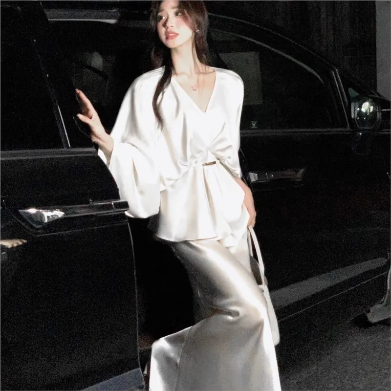 Autumn New Elegant Satin Two-piece Dress Set Women Wedding Evening Party Dress V-neck Top Slip Mermaid Dress Prom Robe Outfits