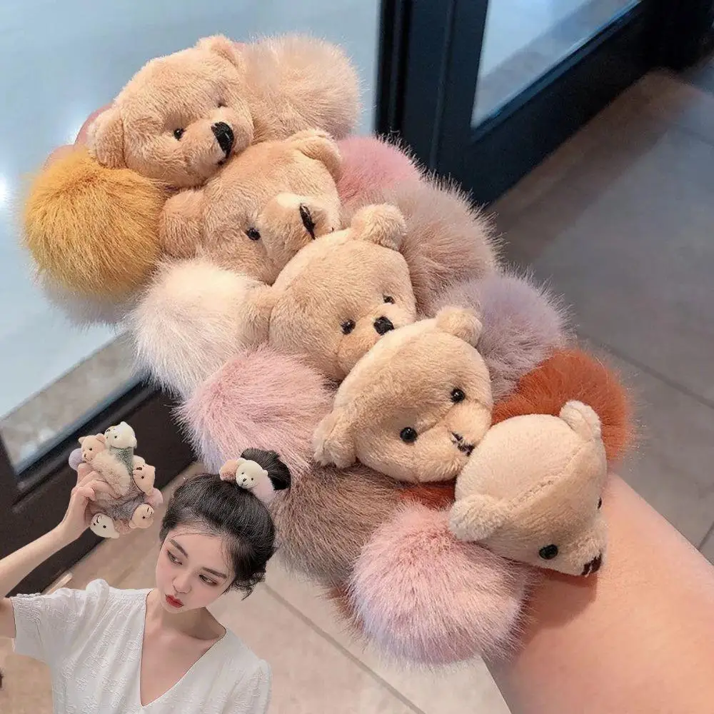 

Зимние теплые резинки для волос, милый плюшевый медведь, пушистая эластичная резинка для волос, женская веревка из искусственного меха, плюшевые резинки для волос, аксессуары для волос