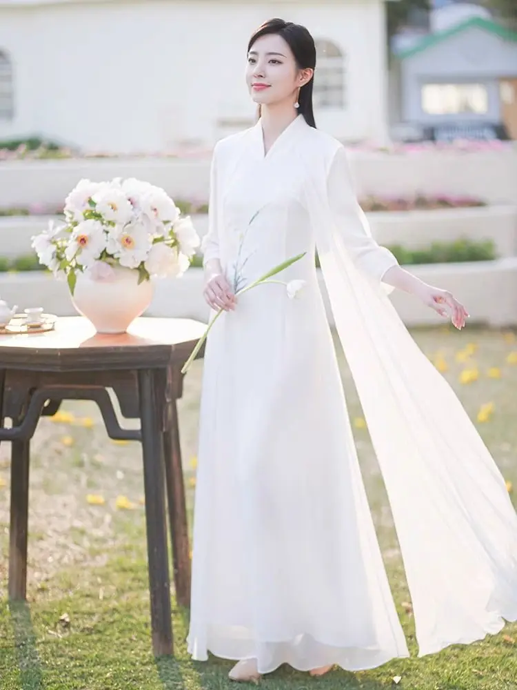 

New Chinese Sle White Zen Dr Women's Tang Costume National Sle Improved Cotton Linen Tea Clothes Dr V-ne Long Sve