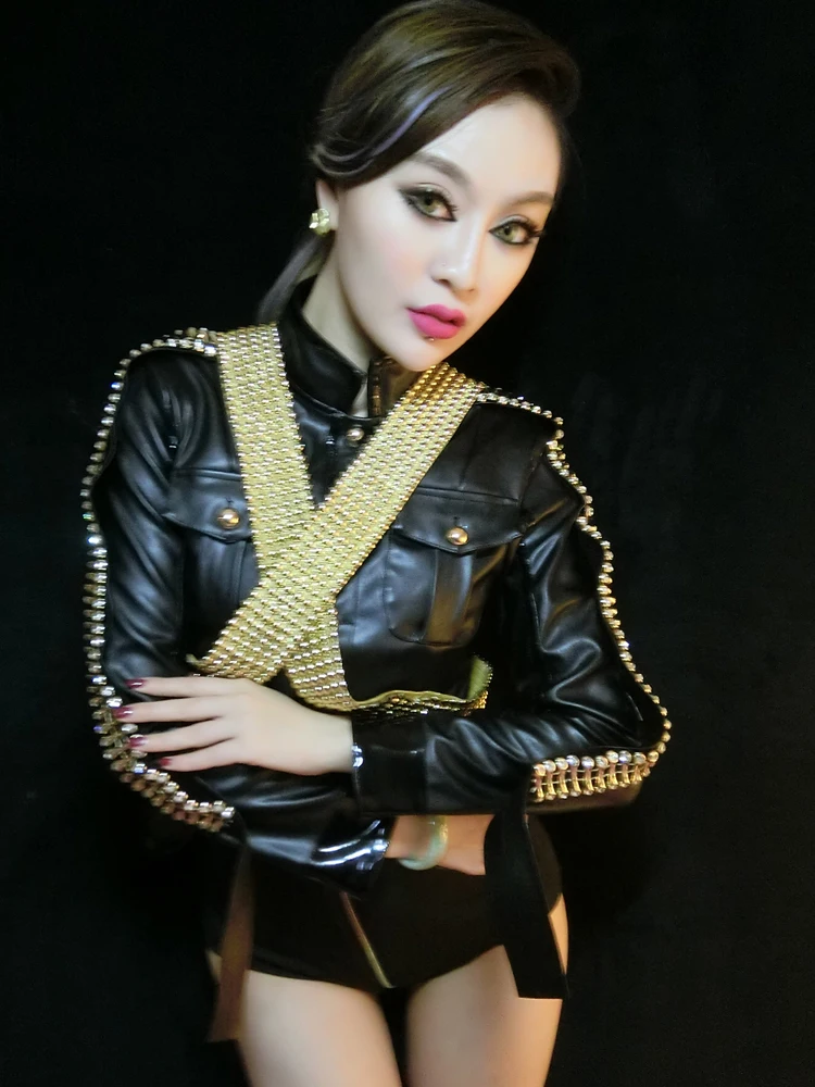 Stage Costumes for Singers Dance Clothes Dj Service Leather Military Roupa Feminina Performance Set DS Bodysuit