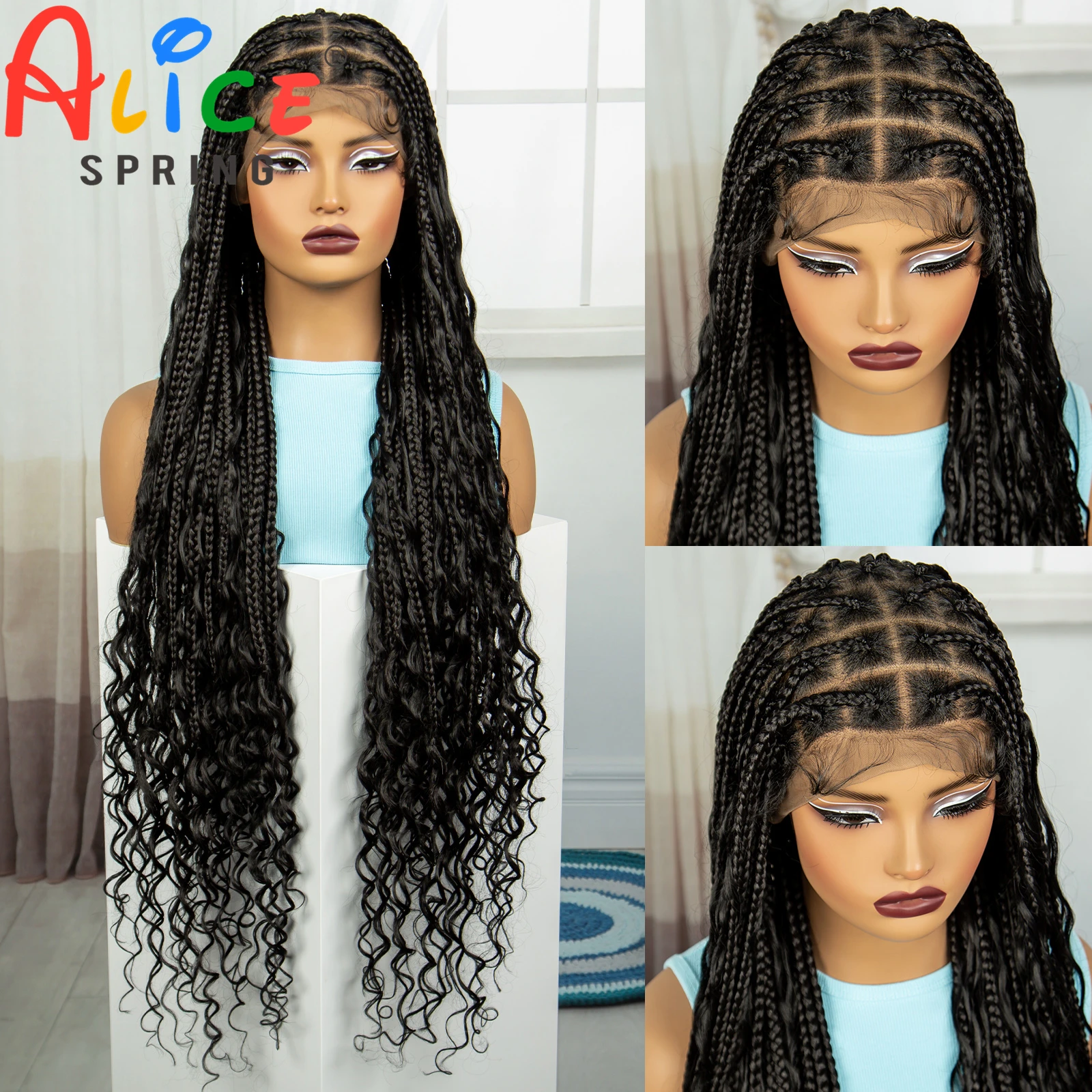 38 Inches Full Lace Knotless Box Braided Wigs with Curly Ends Synthetic Boho Braided Lace Wigs with Baby Hair For Black Women