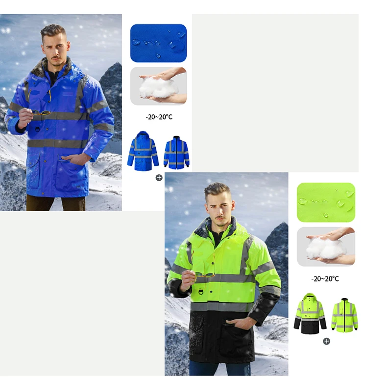 Safety Jacket Reflective Waterproof Windproof Coldproof Hi Vis 7 in 1 Parka Windbreaker Workwear with Detachable Cotton Linner