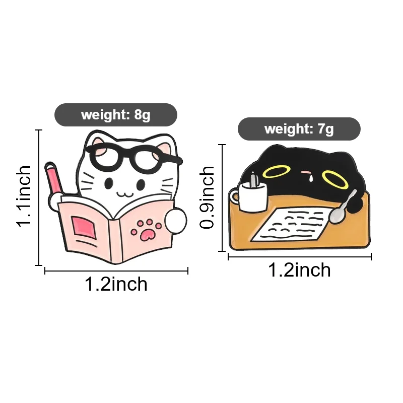 Bookworm Cats Enamel Pins Kawaii Reading Napping Black White Kitten Brooches Lapel Badge Jewelry Gift for Readers