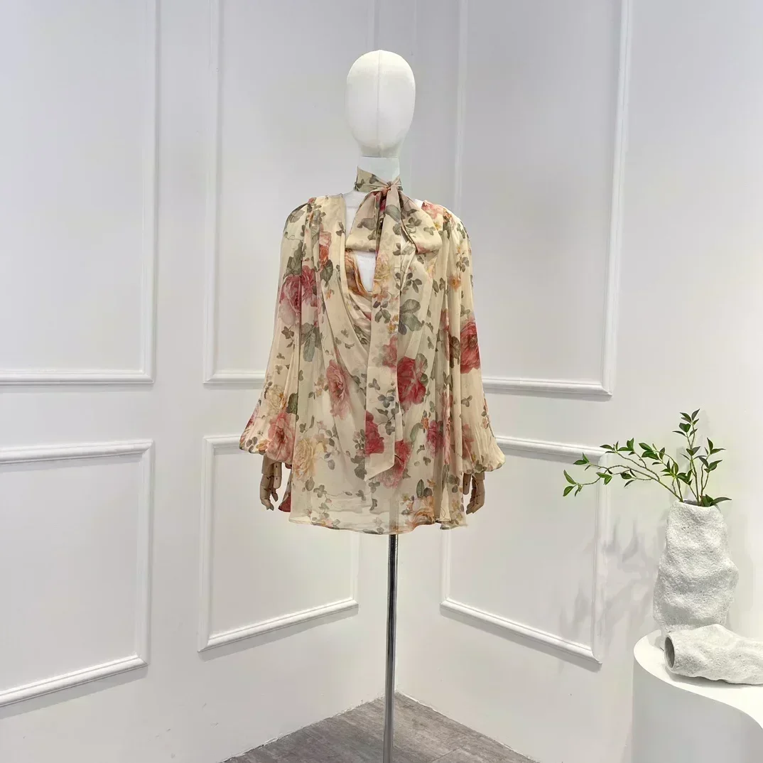 

2023 Latest Collection High Quality Floral Printing Long Lantern Sleeve Neck Self Tie Loose Casual Women Blouse