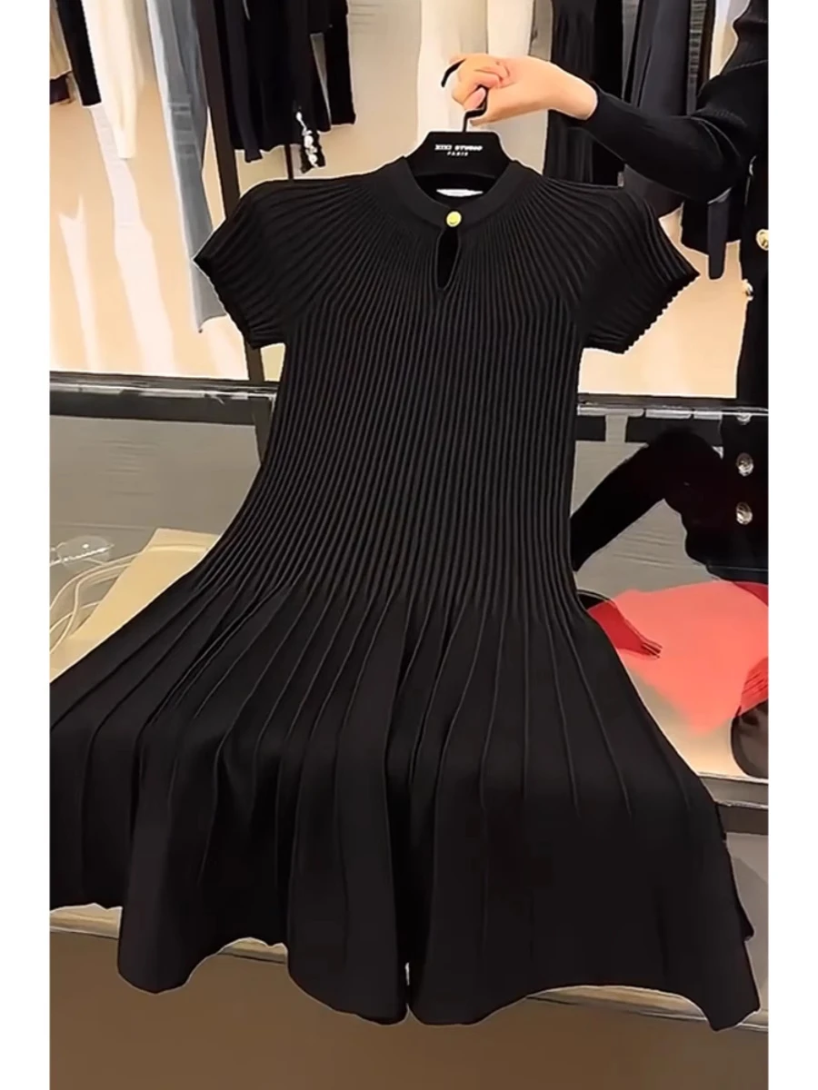 New Heavyweight Knitted Slim Fit Design Women's Dress with Waterdrop Pattern Hollow out Black  A-Line Skirt Casual Wear