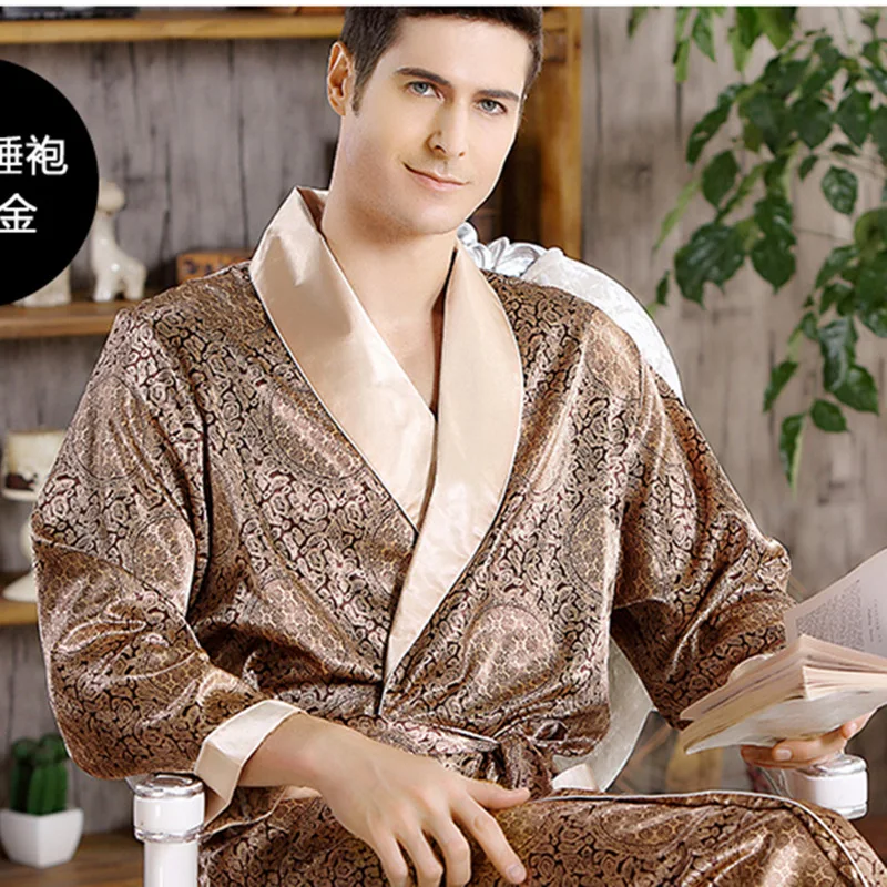 Luxury Silky Male Printing Robe Kimono Bathrobe New Dressing Gown Nightgown Sleepwear New Plus Size 4XL 5XL Loose Home Dress