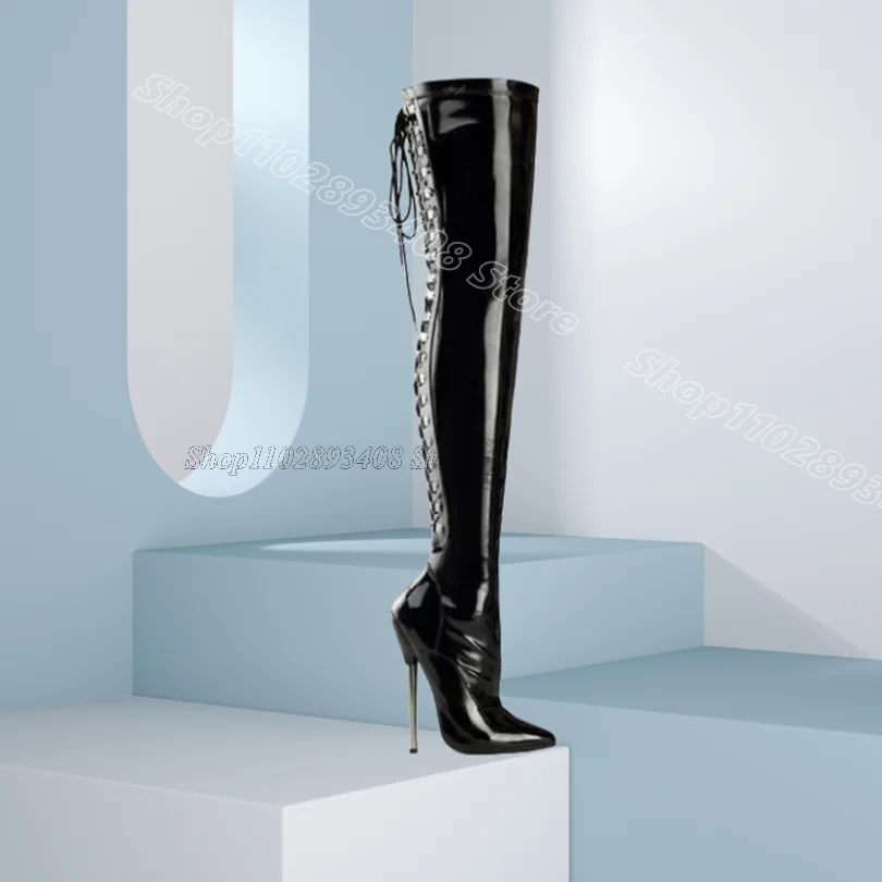 

Black Patent Leather Metal Heels Boots Cross Band Pointed Toe British Style Women Spring Fashion Boots 2025 Zapatos Para Mujere