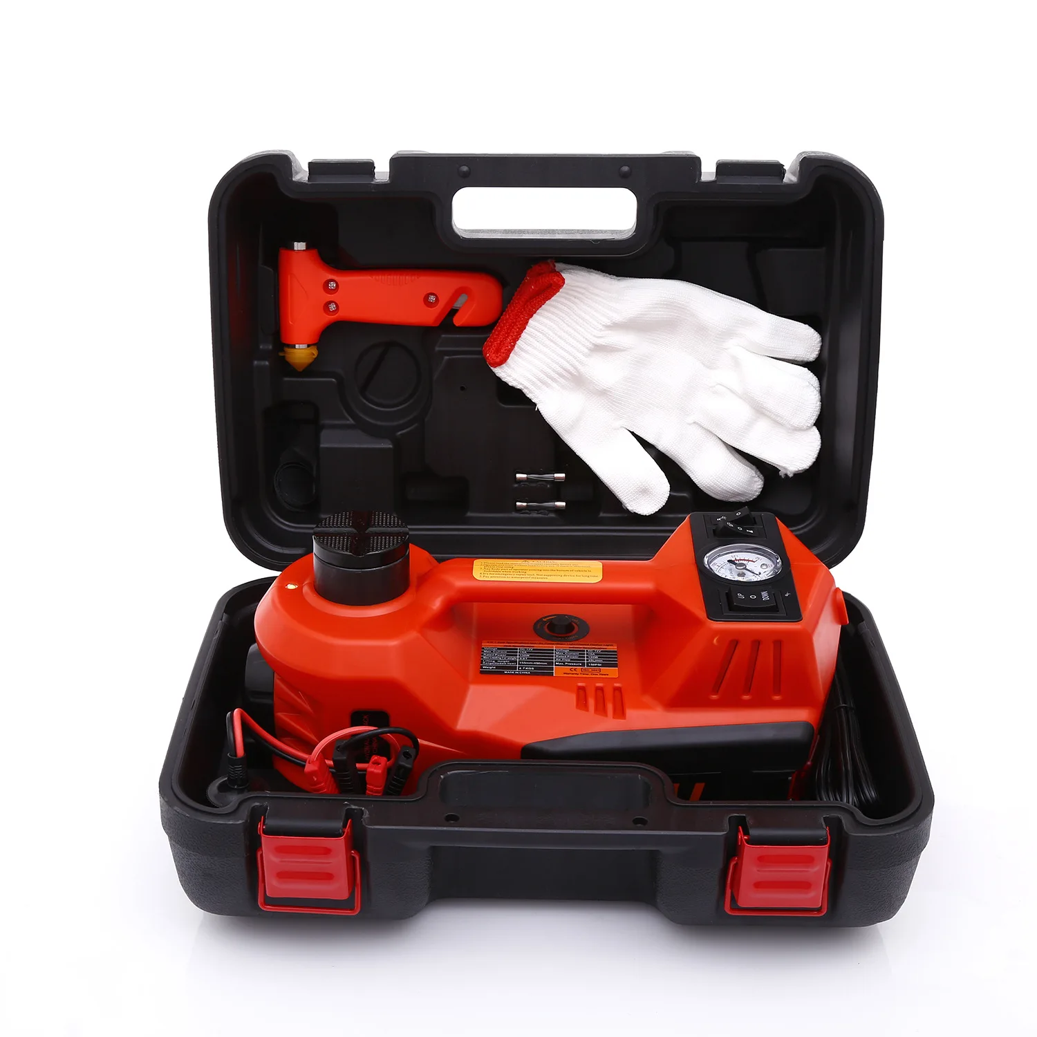 12V 5Ton Car Electric Hydraulic Floor Jack, Tire Inflator Pump and LED Flashlight 3 in 1 Set With Safe Hammer