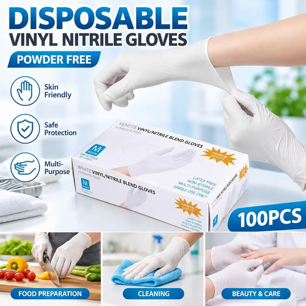 100PCS/Set White Nitrile Gloves For Kitchen Household Cleaning Gloves Waterproof Tattoo Glove Car Repair Pet Care Hair Dyeing