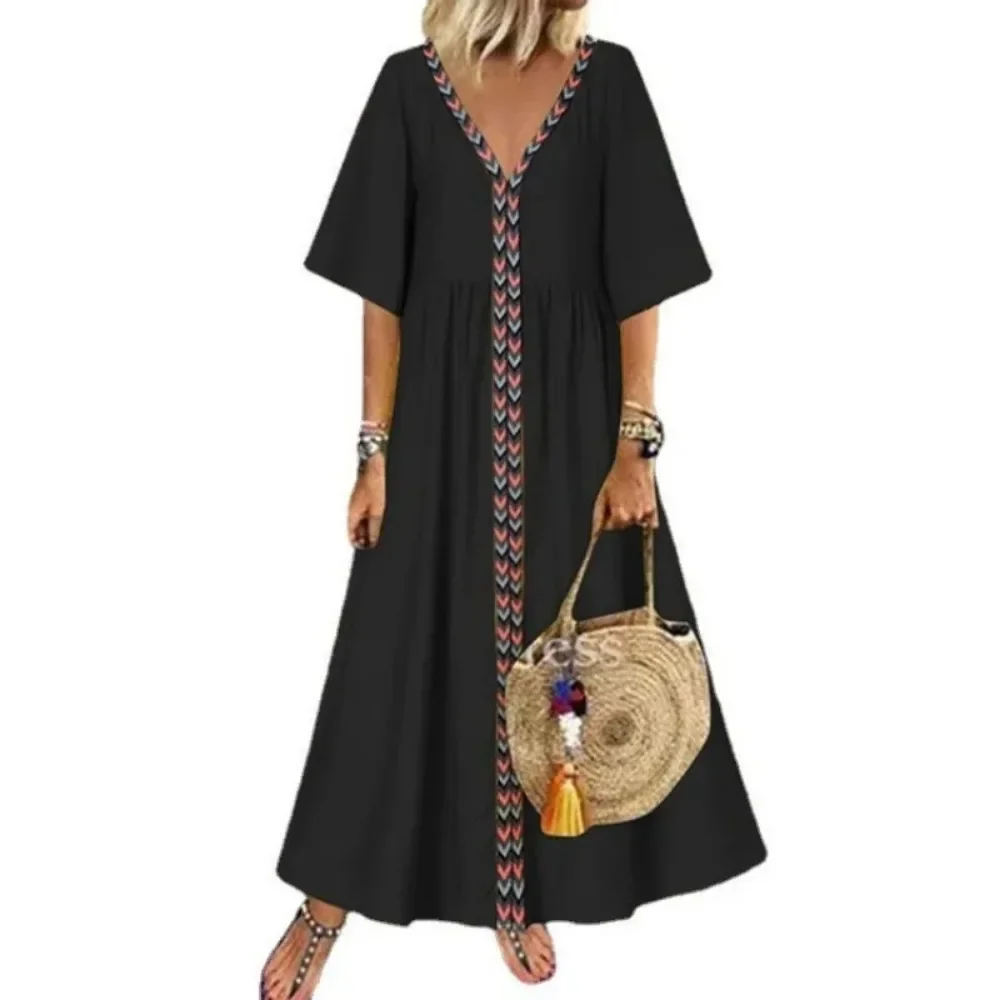 Women\'s L-5XL Plus Size Summer Commuting Oversized V-neck Short Sleeved Long Dress with Loose and Elegant Line Splicing Casual