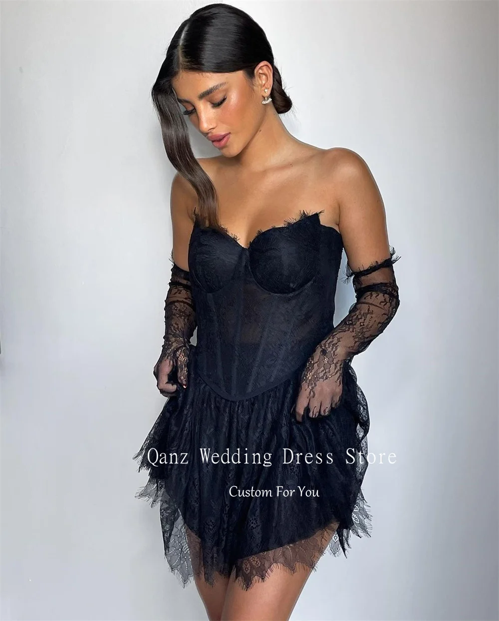 Qanz Black Lace Prom Dresses Appliques Corset Back Vestidos De Gala Short A Line No Gloves Birthday Dresses Luxury Customized