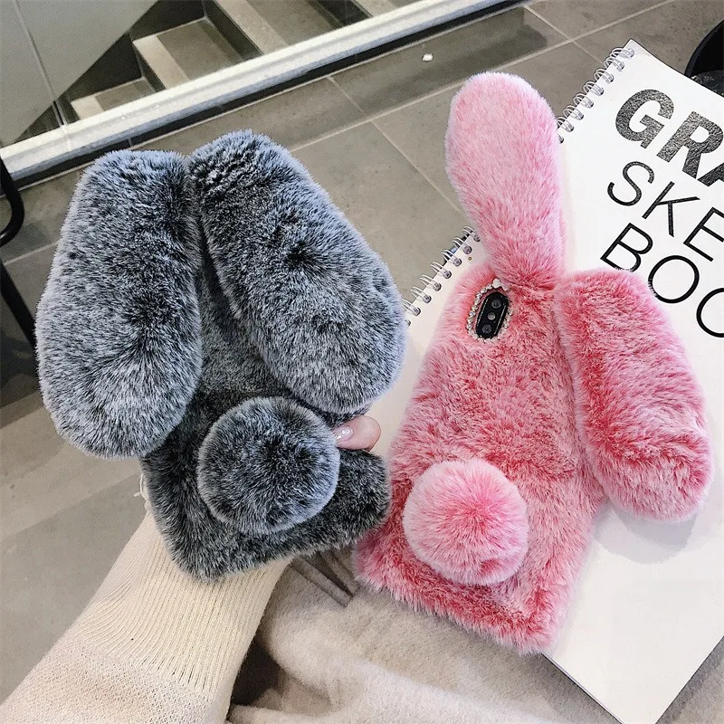 

Plush Rabbit Ears IPhone Case with Rhinestones for 15 14 Plus 16 17 Pro Max & More - Perfect for Autumn Winter Spring