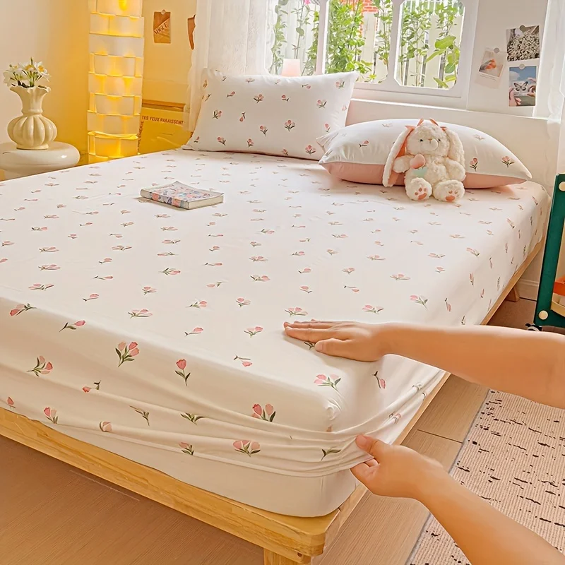 Floral pastoral style, all-season bed sheet set, suitable for home and bedroom, 2D digital print three-piece bedding set (includes 1 fitted sheet + 2 pillowcases), 3-piece set, large-capacity deep pocket 2D print fitted sheet and 2 pillowcases, mattress protector, fitted elastic style, protective cover, mattress protector, machine washable design, holiday decoration, various sizes, breathable protective cover with pillowcases