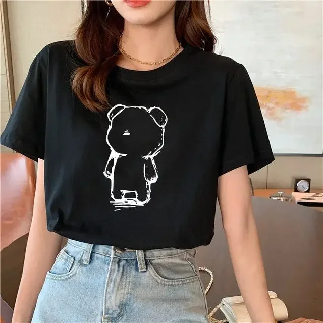 Korean Minimalist Teddy Bear Print Short Sleeved Design Feeling Niche T-shirt Women's Summer Oversized Loose Casual Top T-shirt