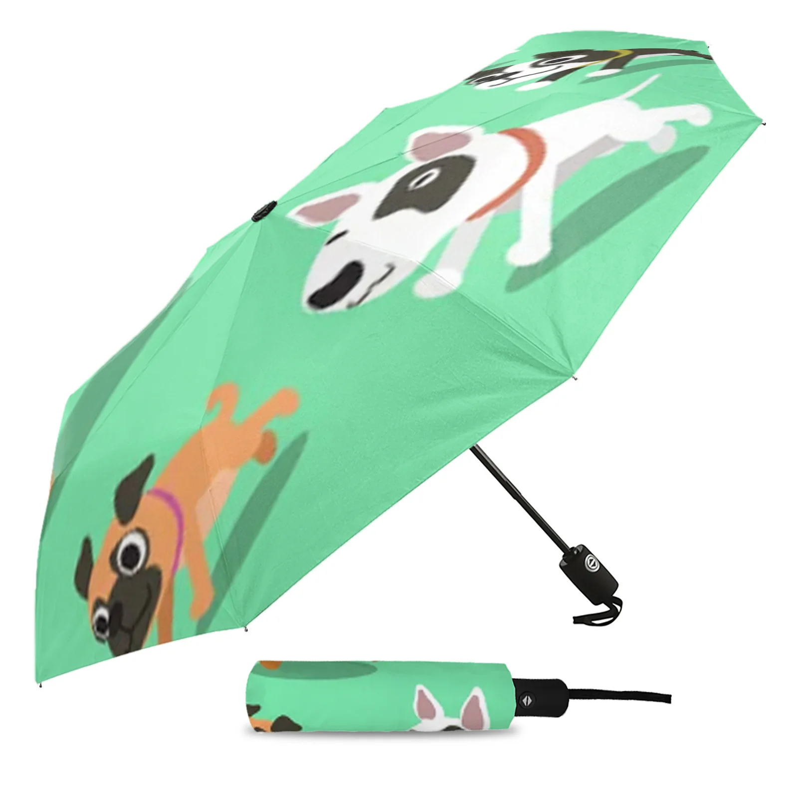 Cartoon Dogs Running Green Cute Full-Automatic Eight Bone Printed Umbrella Sun Beach Parasol Umbrella Portable Foldable Umbrella