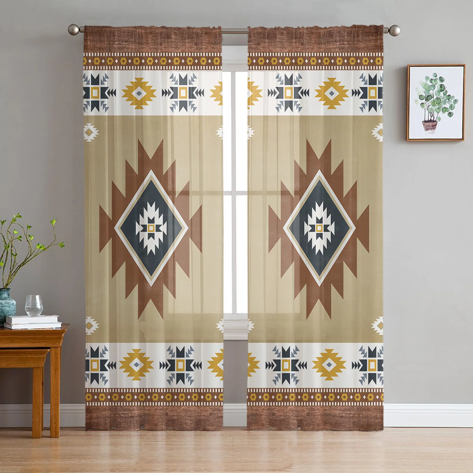 Southwest American Tribal Totem Boho Bedroom Transparent Sheer Curtains Holiday Decoration Window Voile Tulle Curtain