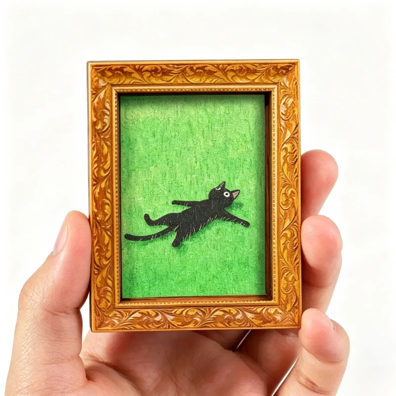 Vintage Wooden Frame Fridge Magnet Black Cat Lying on Grass Design Fully Magnetic Backing for Kitchen Home Decor