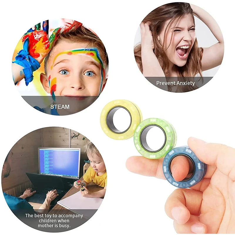 3pcs Finger Magnetic Rings Colorful Fidget Toy Set Adult Magnets Spinner Rings for Relieve Stress Anxiety Relief Therapy