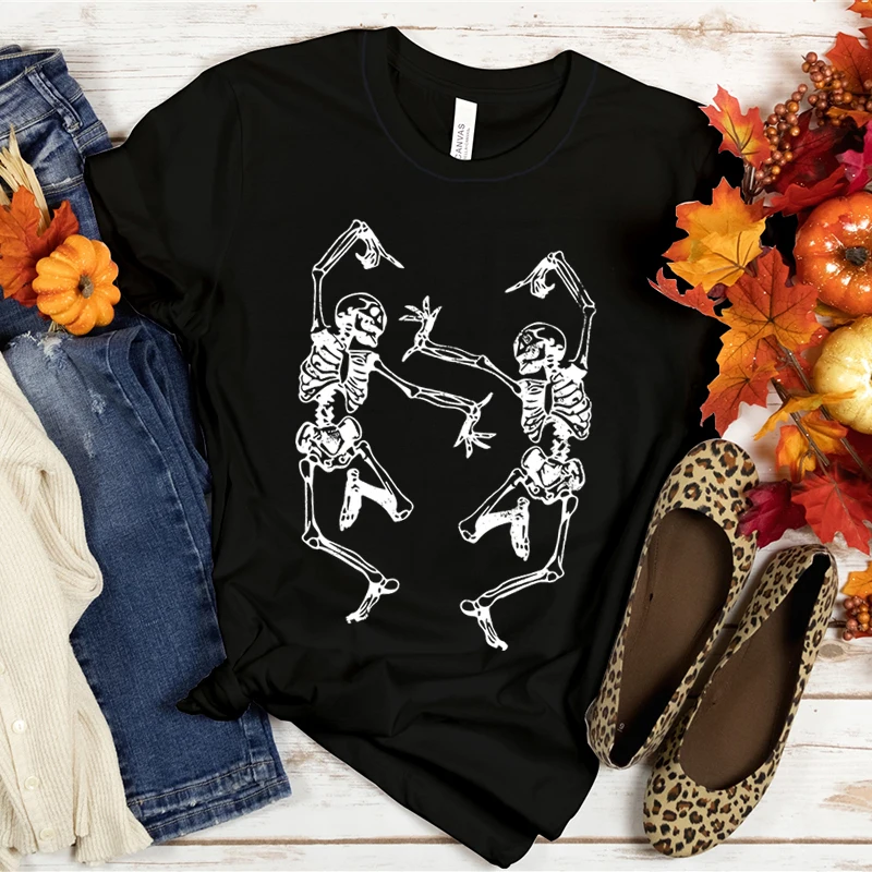 Halloween T-shirt with Skeletons Graphic T Shirts Skeletons Partying and Dancing Tee Shirts Funny Spooky Shirt Short Sleeve Tops