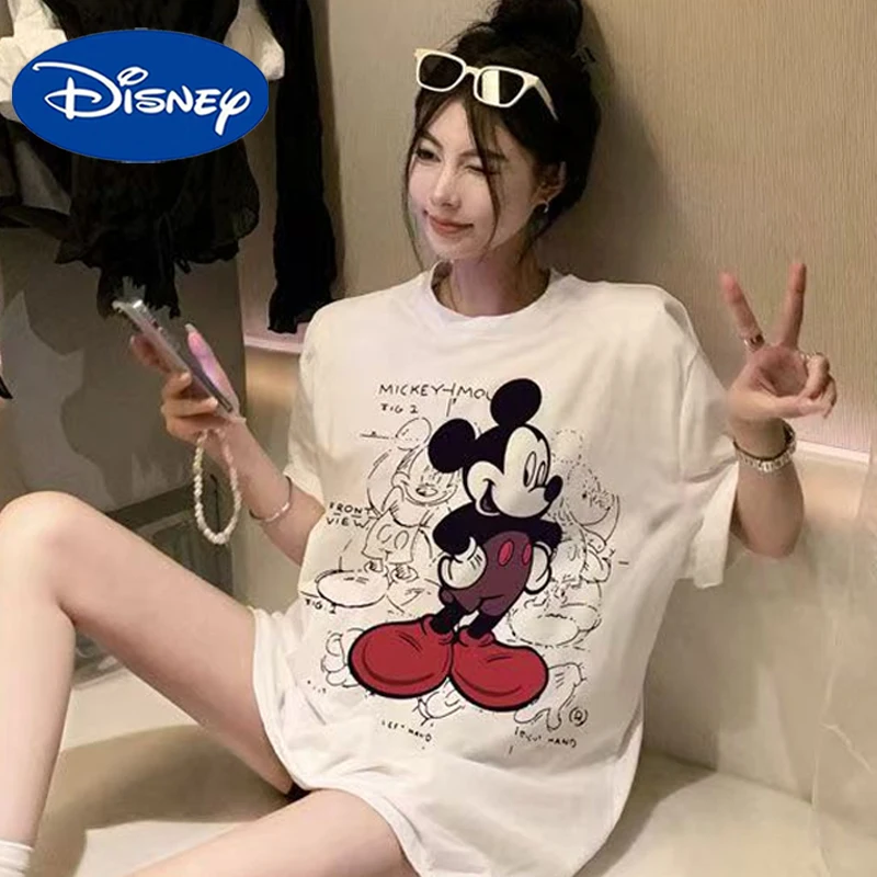 

Disney Mickey Mouse Woman's Short Sleeved T-shirt Cartoon Cute Girls Cotton Printed T-shirt Summer Versatile Half Sleeve Tops