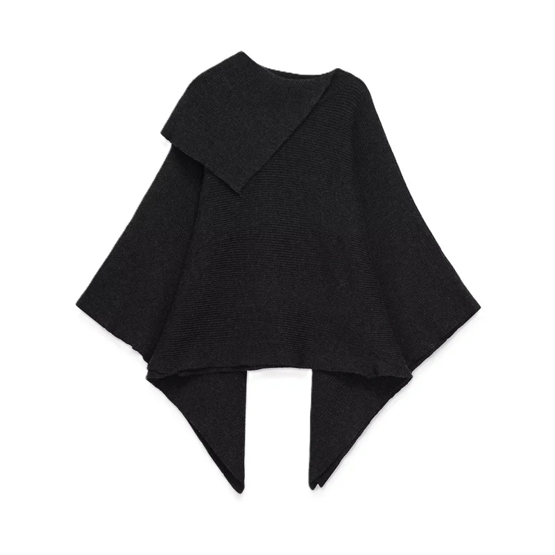

Women's Top 2025 Autumn New Arrival Black Asymmetrical Design Knit Cape Jacket Casual Fashion Unique Style