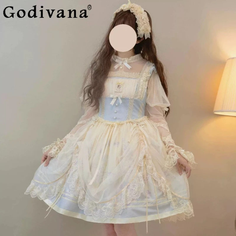 

Halloween Lolita Gauze Ballet Jsk Square Collar Princess Cake Dress Spring Autumn Age Reduction Long Sleeve Thin Bottoming Shirt