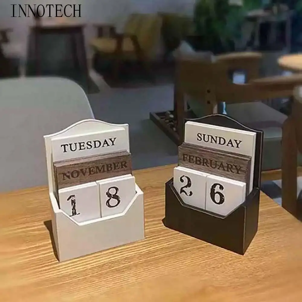 

Эстетический деревянный вечный календарь, многоразовое украшение для дома, настольный календарь, орнамент, черный ручной дисплей даты, орнамент для офиса