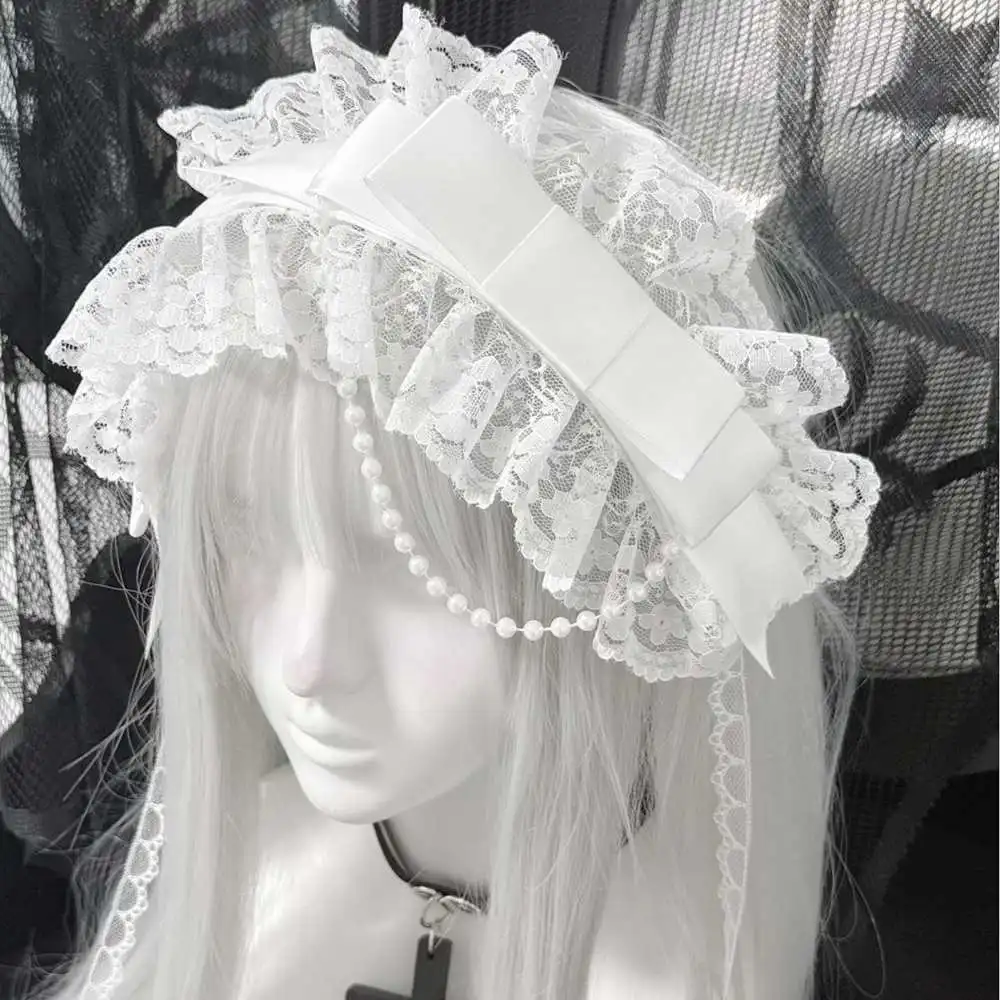 

Оригинальная повязка на голову ручной работы Landmine Pure White Lolita с широким бантом и кружевом в стиле готики, повязка на голову в стиле Лолиты, аксессуары