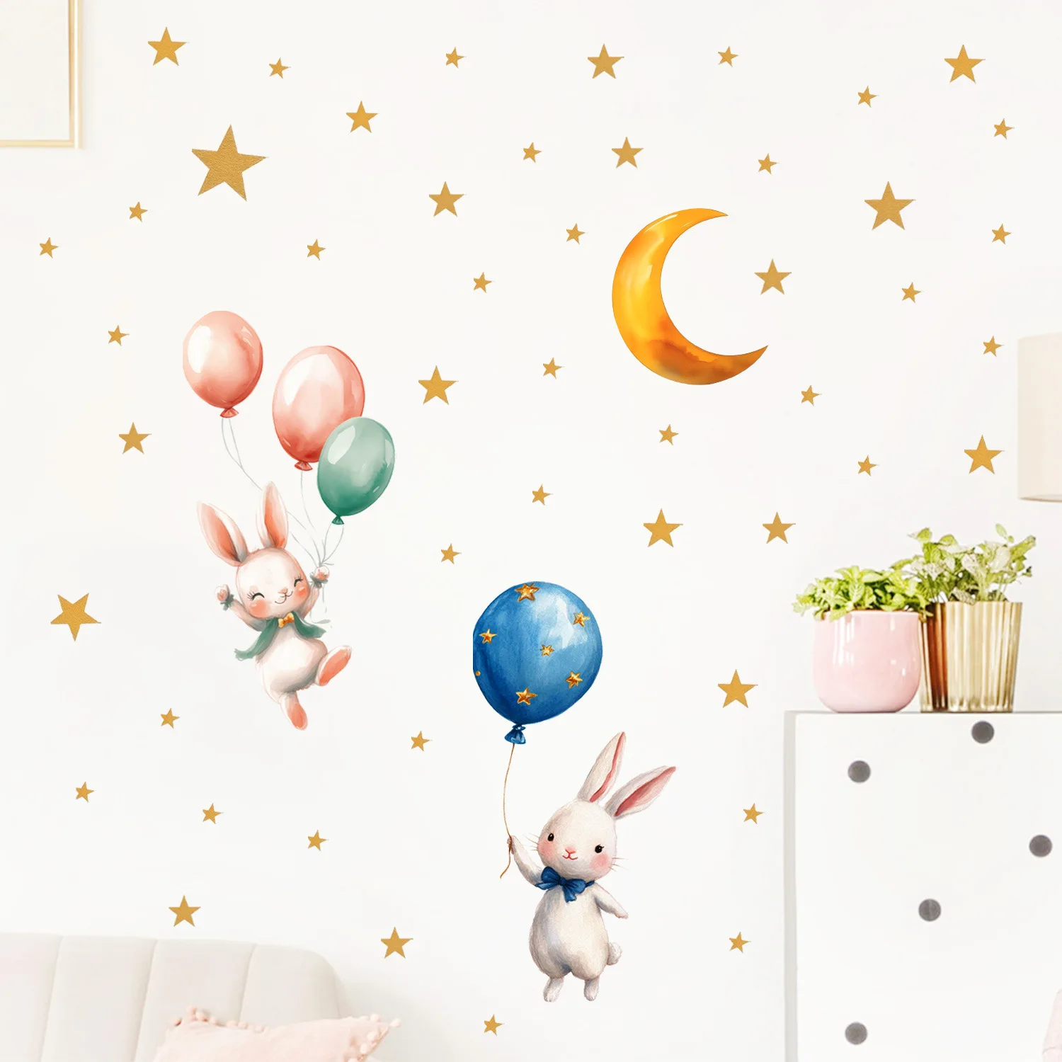 Cartoon Rabbit Balloon Moon Star Luminous Fluorescent Wall Decal Sticker for Kids Nursery Bedroom Girls Boys Room Wall Art Decor