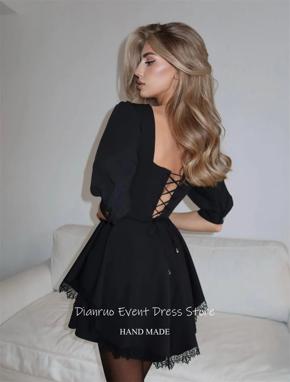 Dianruo A-Linie-Abschlussballkleider mit Spitzenbesatz, schulterfreies Mini-Abschlussballkleid, Puffärmel, Pfleger Ärmel, Giren Mohamedе Amatico