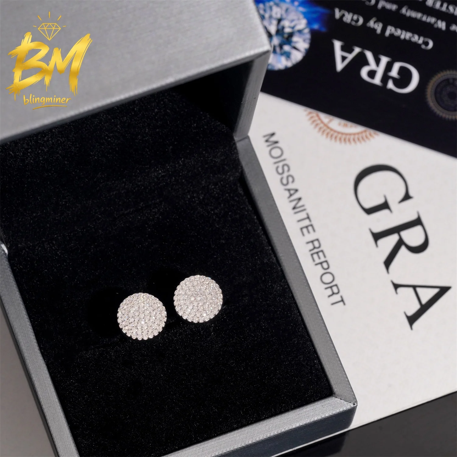 Blingminer 10mm Iced Out Hip Hop S925 Silver VVS Moissanite Earrings For Men Women Ear Studs Jewelry Pass Diamonds Tester GRA