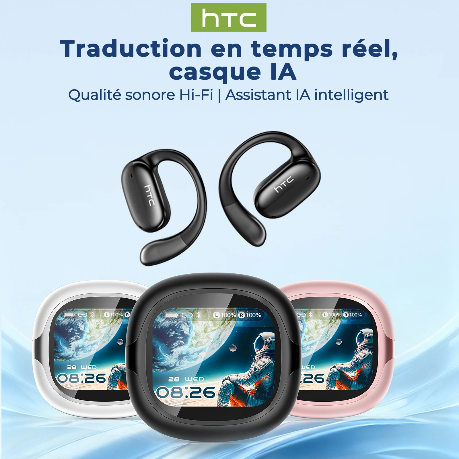 Écouteurs sans fil HTC NE58 AI Translate, écouteurs Bluetooth, écran tactile LED, son HiFi, faible latence, conduction osseuse
