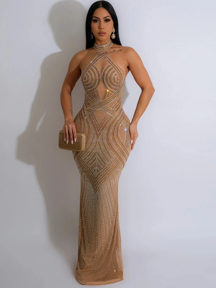 Imagem -02 - Kricesseen-malha de Cristal Preta Feminina Ver Através do Vestido Maxi Bodycon sem Encosto sem Cabeçada Roupas Sexy Hot Birthday Clubwear