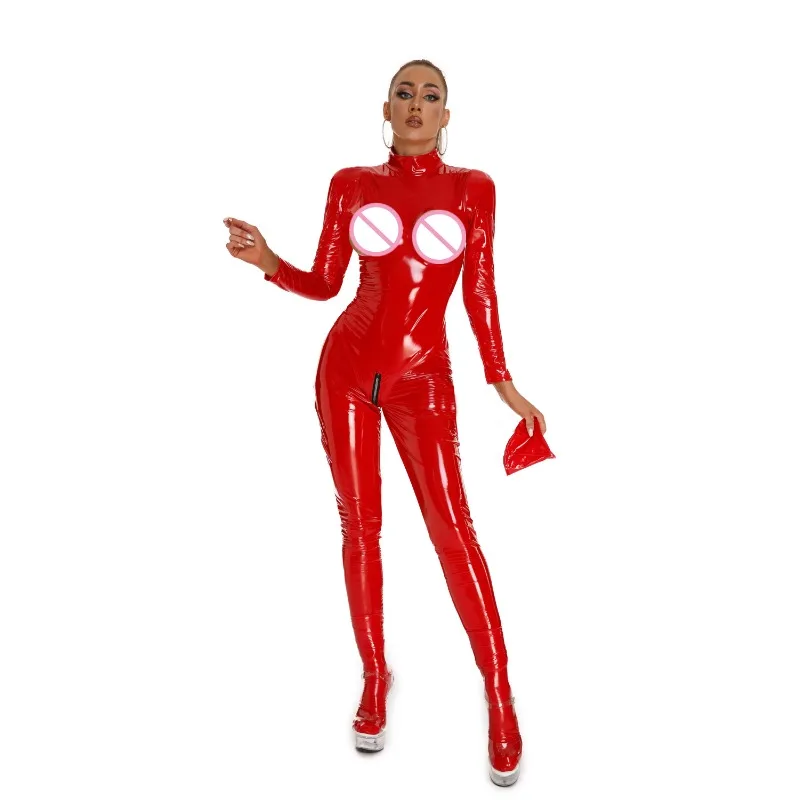 Shiny PVC Leather Jumpsuit for Women Hot Porn Zipper Open Breast Exposing Wetlook Sheath Latex Bodysuit Long Sleeve Body Suit