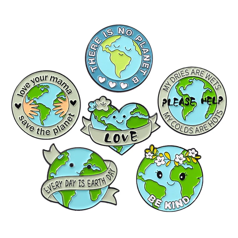 Colour Painted Love Earth Pattern Brooches Set 6 Pack Creative Green Continents Map Element Metal Badge Clothing Decoration Pins