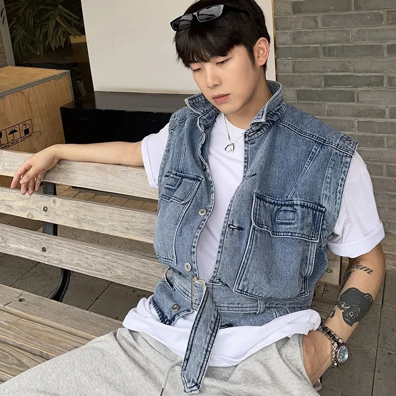 Vintage Sleeveless Cargo Jacket Streetwear Casual Denim Vest Men Fashion Coats Male Waistcoat Loose Men Clothing Jeans Gilets