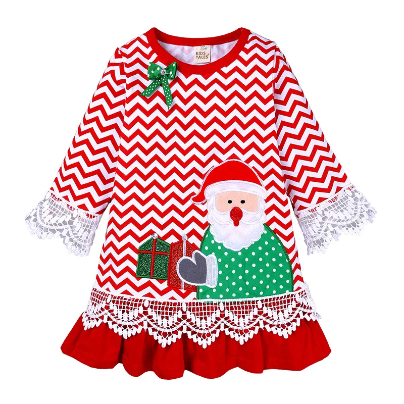 

Kids Toddler Baby Girls Christmas Dress Long Sleeve Wave Pattern New Year Holiday Party Princess Dress Lace Skirt for 1-6 Years