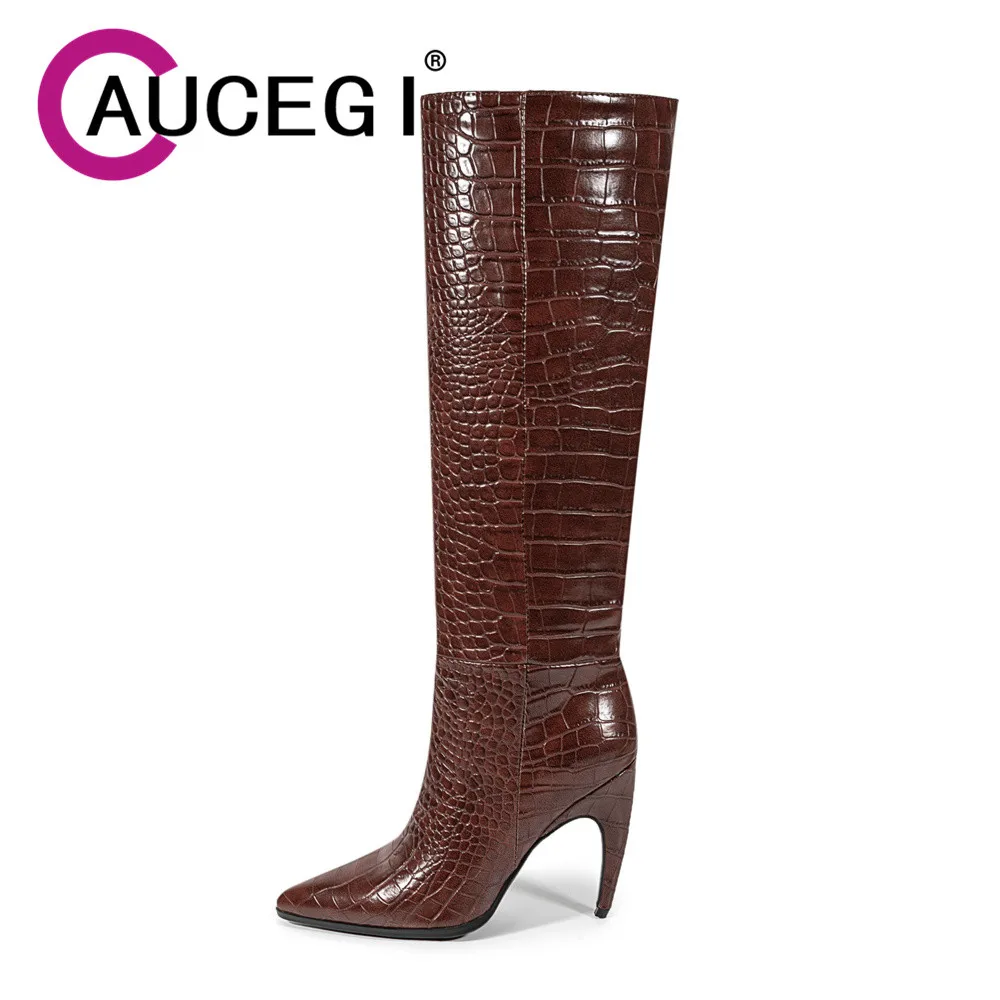 

Aucegi Qulaity, сапоги до колена из искусственной кожи, женские осенние туфли без шнуровки на тонком каблуке с острым носком, новый роскошный дизайн, вечерние модельные туфли
