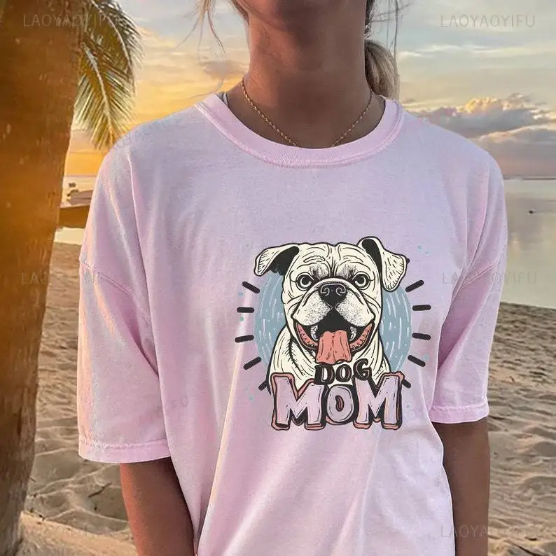 Kawaii Dog Mum Woman Cartoon Graphic T-shirt Summer Fashion Casual Patriot Gift Breathable Outdoors Pink T Shirts Ropa Mujer