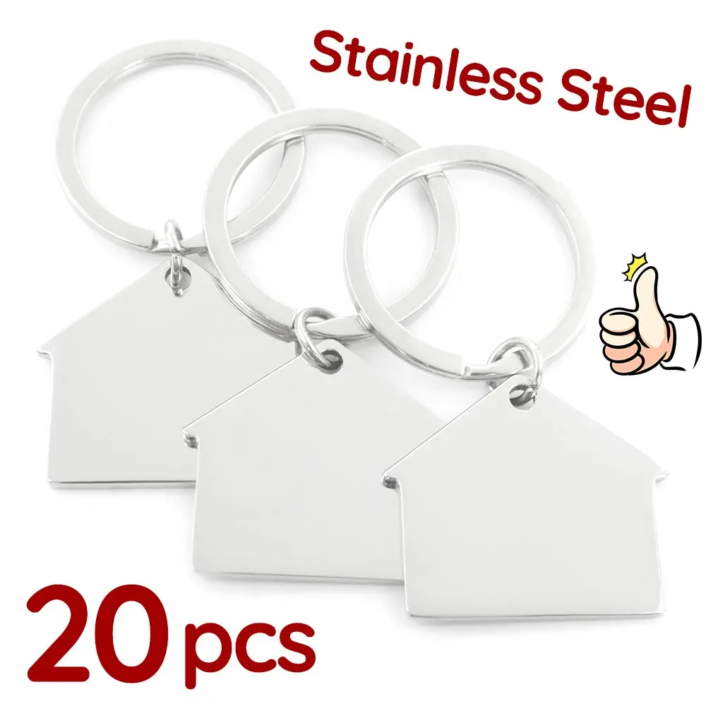 20Pcs Customizable Mirror House Shape Stainless Steel Pendant Engravable Address Pet Tag Anti-lost Keychain Charm Accessories