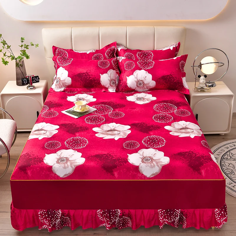 

Floral Style Bed Skirt with Pillowcase Soft Bed Cover Printed Bed Linen Brushed Mattress Protector for Home falda de cama