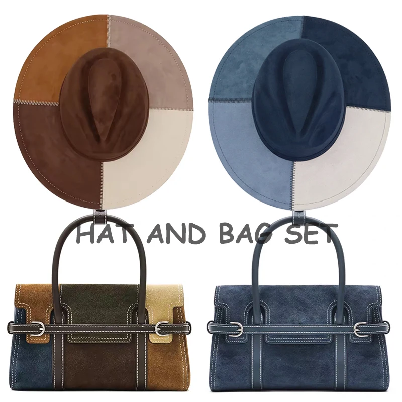 Color-blocked hat and bag set for women, featuring a stylish retro-inspired suede hat and bag