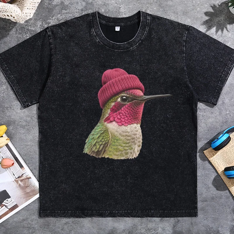 Vintage Washed Hummingbird Wearing Beanie T-Shirt Cotton Round Neck Birding Graphic Tee Printed Tshirt Oversized Unisex Clothes