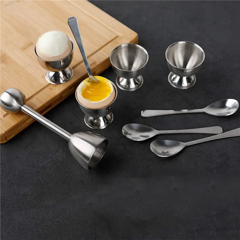 Stainless Steel Egg Cracker Topper Set,Hard Boiled Eggs Separator Holder,12 Spoons,12 Cups,3 Shells Remover Top Cutter-AT30