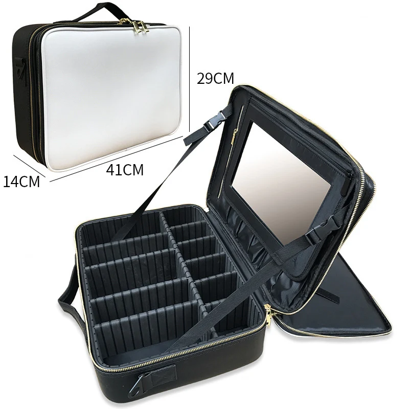 Large Capacity Cosmetic Case with Mirror Adjustable Dividers Shoulder Strap PU Leather White Black Waterproof Makeup Organizer
